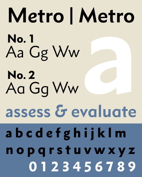 Fonte tipográfica Metro criada por W. A. Dwiggings. Crédito da imagem: w:User:Julian_Grybowski, CC BY-SA 4.0 , via Wikimedia Commons